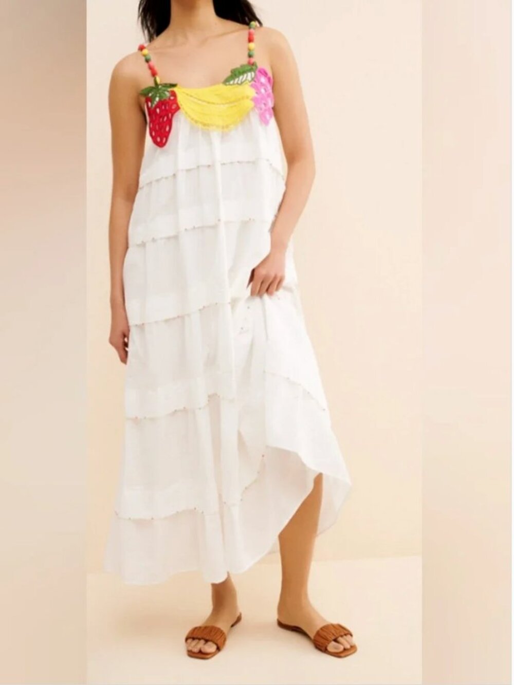Farm Rio Embroidered Fruits Appliques Maxi Cotton White Dress size M
